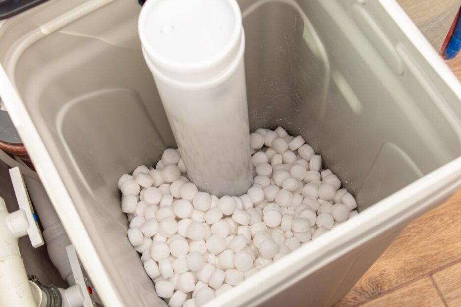 Salztabletten im Behälter einer Entkalkungsanlage zur Regeneration und Wasserenthärtung im Haushalt