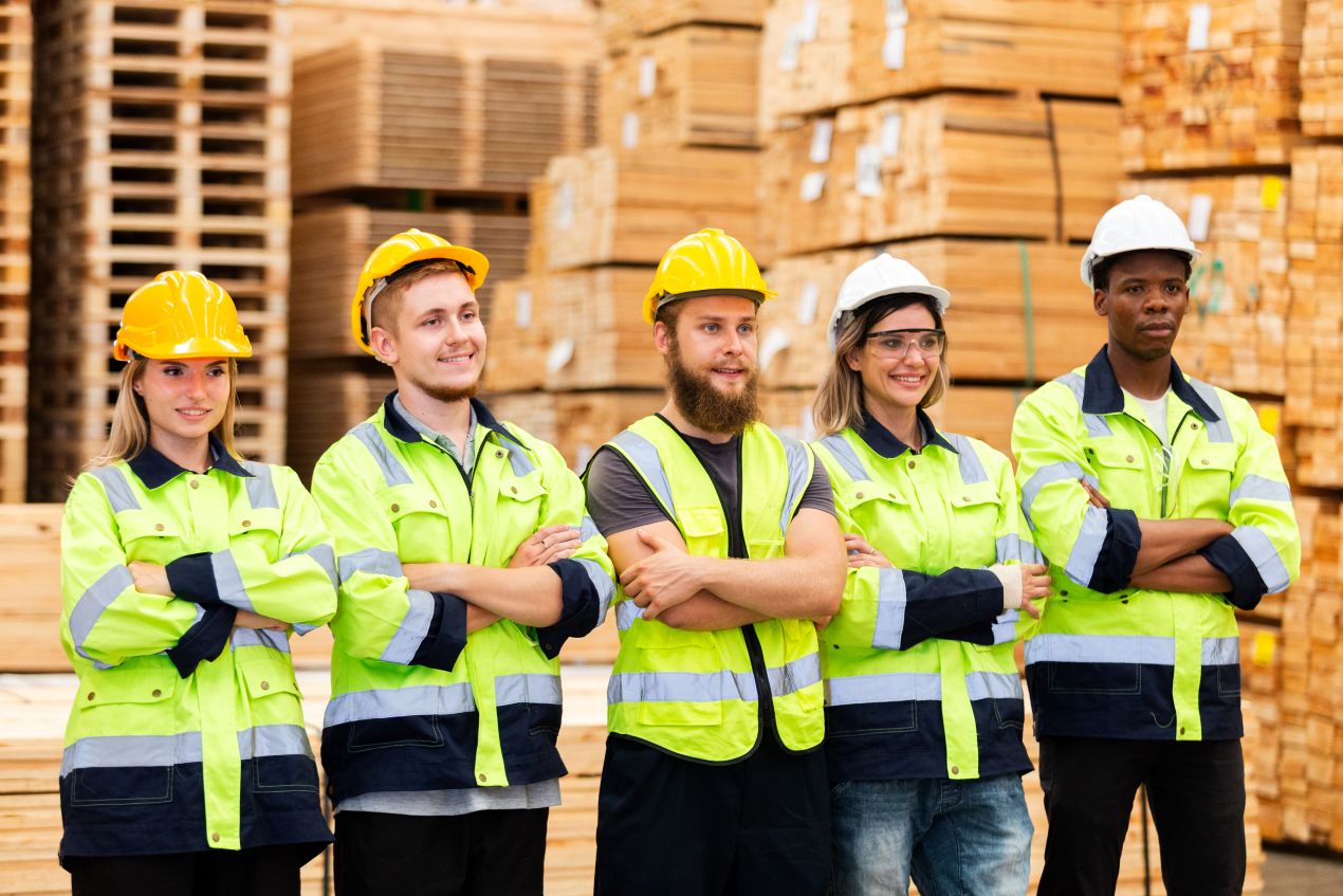 Gruppe von Bauarbeitern mit reflektierender Arbeitskleidung und Helmen zeigt wie Arbeitskleidung besticken Teamgefuehl staerkt