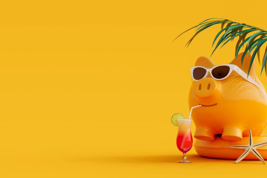 Sparschwein mit Sonnenbrille, Sommerdrink und Palme