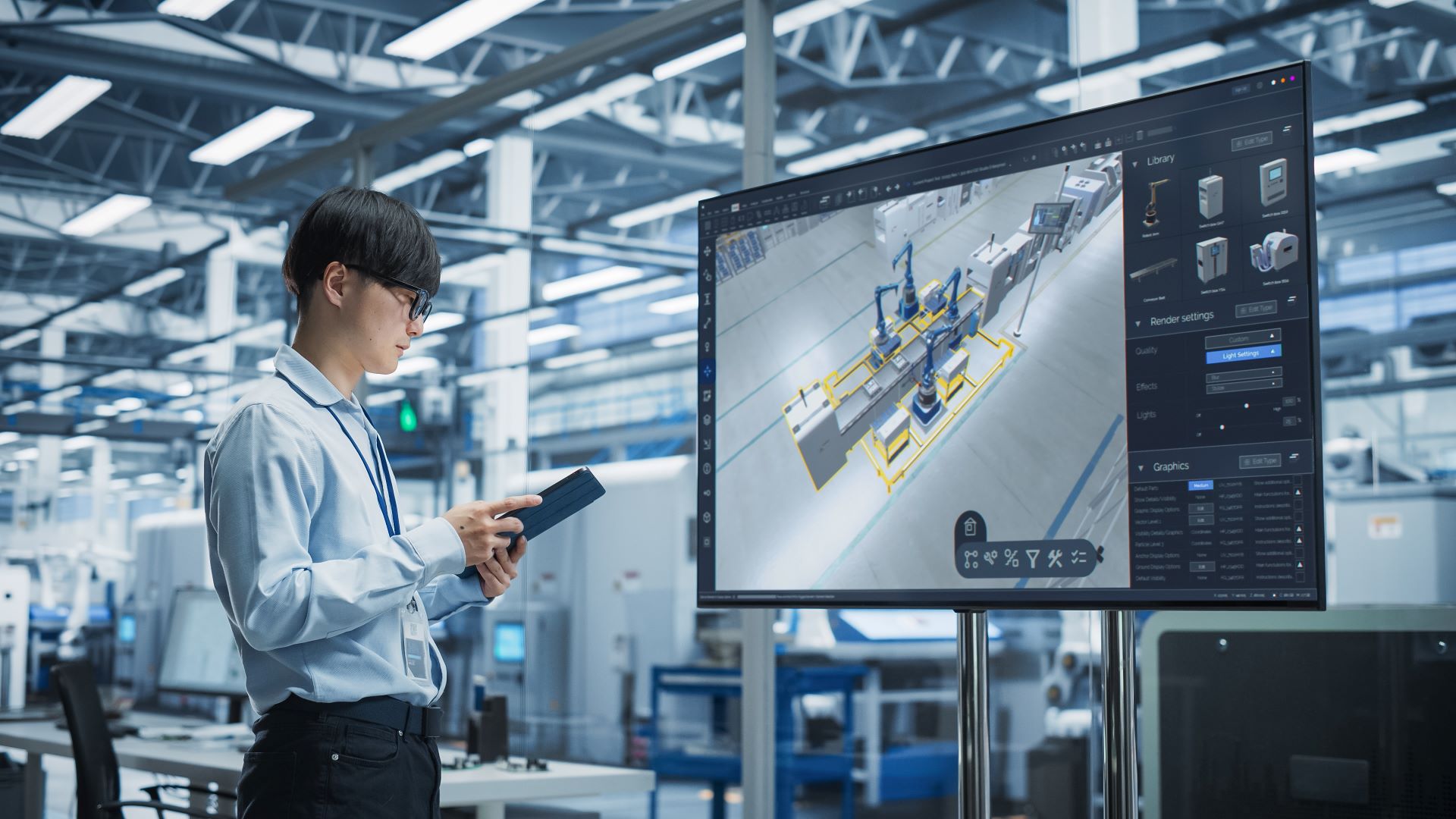 Elektrische Seilwinde, Bediener vor 3D-Monitor