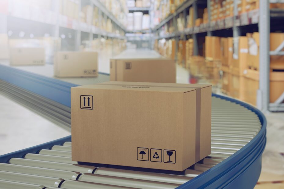 Karton bewegt sich auf Förderband im Lager | Kartonverschließer