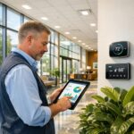 Verbrauchsausweis: Immobilienverwalter prüft den Energieverbrauch einer Gewerbeimmobilie per Tablet und smarter Gebäudetechnik