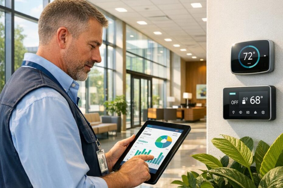 Verbrauchsausweis: Immobilienverwalter prüft den Energieverbrauch einer Gewerbeimmobilie per Tablet und smarter Gebäudetechnik